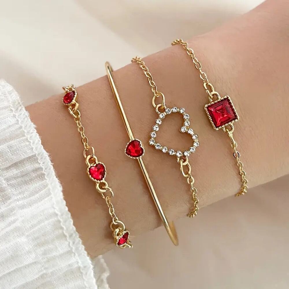 NEW 4pcs Gold Bracelet Set – Red Rhinestones, Heart & Square Charms, Stackable